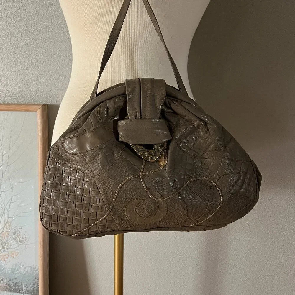 Vintage 1980s Rare Leather Patchwork Quilted Shoulder Purse‎ Lyrella taupe